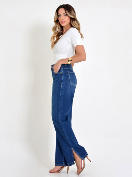 CALÇA JEANS WIDE LEG COM FENDA